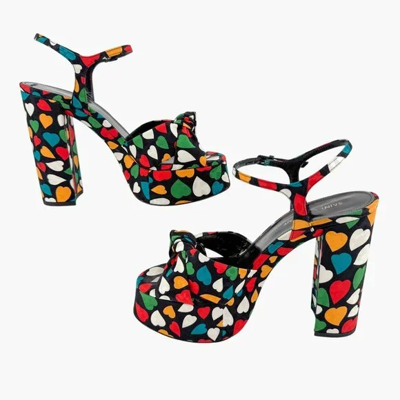 Saint Laurent Bianca Platform Sandals Size 38.5 US 8.5 Multicolor Heart Satin - Picture 9 of 14